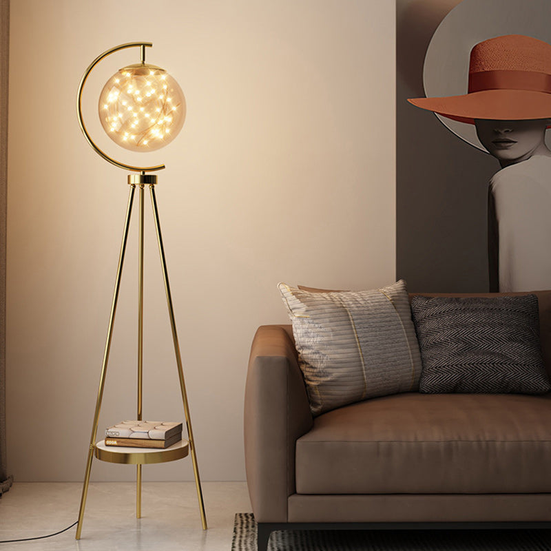 Contemporary Nordic Round Orb Baby's Breath Glass Lampshade Iron Base LED Standing Floor Lamp For Living Room