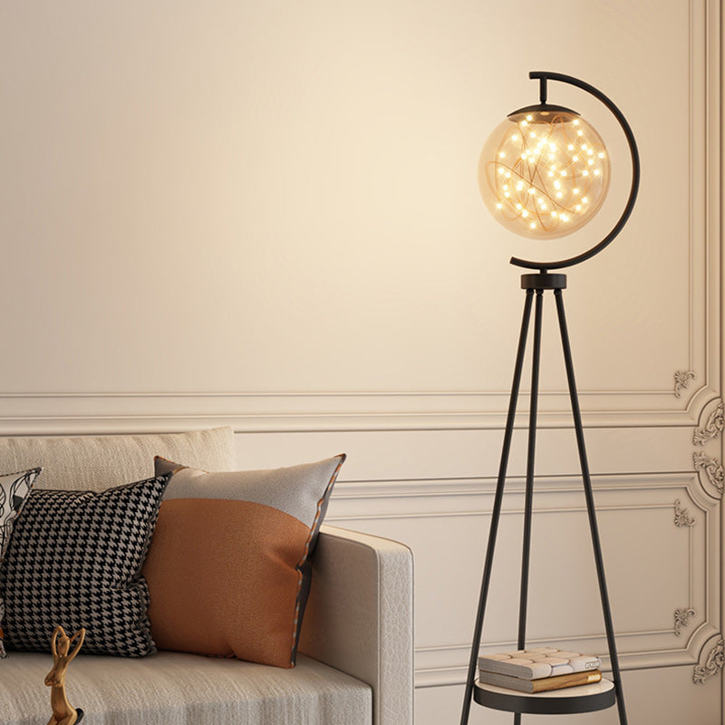 Contemporary Nordic Round Orb Baby's Breath Glass Lampshade Iron Base LED Standing Floor Lamp For Living Room