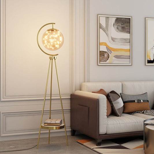 Contemporary Nordic Round Orb Baby's Breath Glass Lampshade Iron Base LED Standing Floor Lamp For Living Room