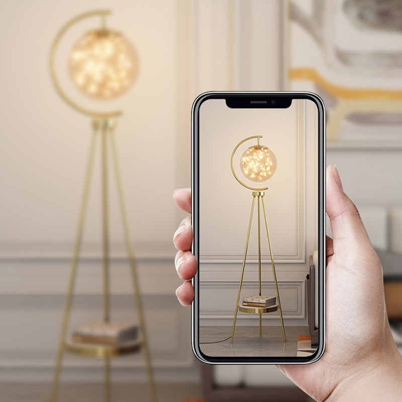 Contemporary Nordic Round Orb Baby's Breath Glass Lampshade Iron Base LED Standing Floor Lamp For Living Room