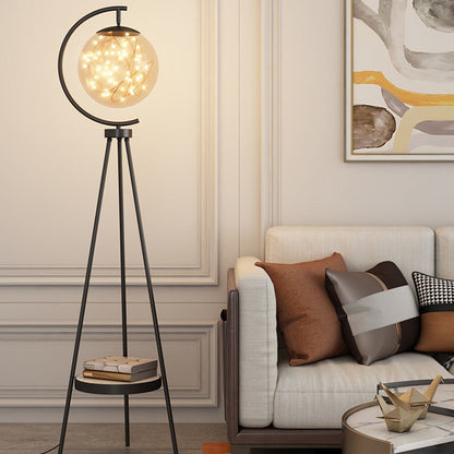 Contemporary Nordic Round Orb Baby's Breath Glass Lampshade Iron Base LED Standing Floor Lamp For Living Room