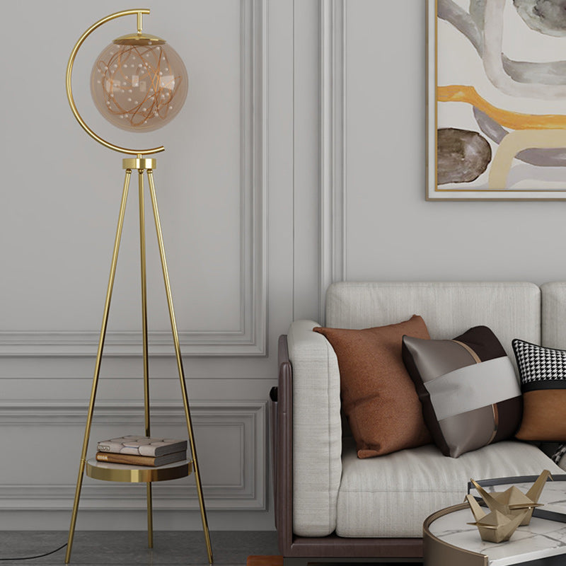 Contemporary Nordic Round Orb Baby's Breath Glass Lampshade Iron Base LED Standing Floor Lamp For Living Room