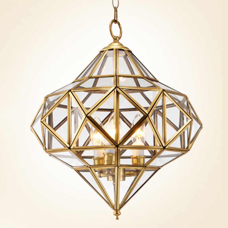 Traditional European Rhombus Diamond Cube Brass Glass Lampshade 3 - Light Pendant Light For Living Room
