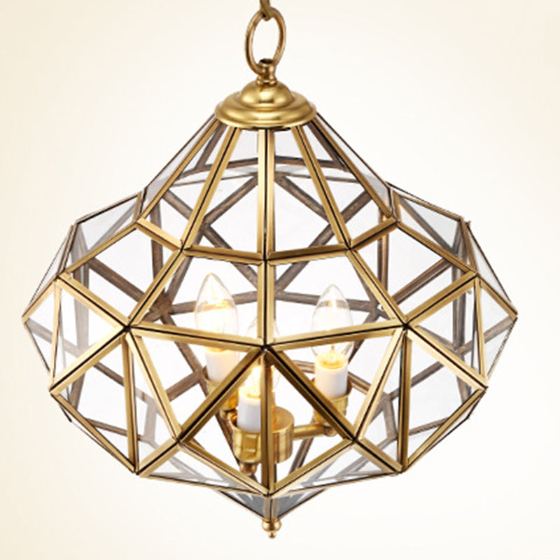 Traditional European Rhombus Diamond Cube Brass Glass Lampshade 3 - Light Pendant Light For Living Room