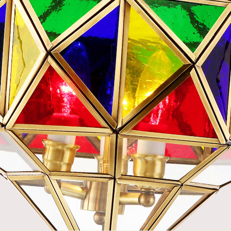 Traditional European Rhombus Diamond Cube Brass Glass Lampshade 3 - Light Pendant Light For Living Room