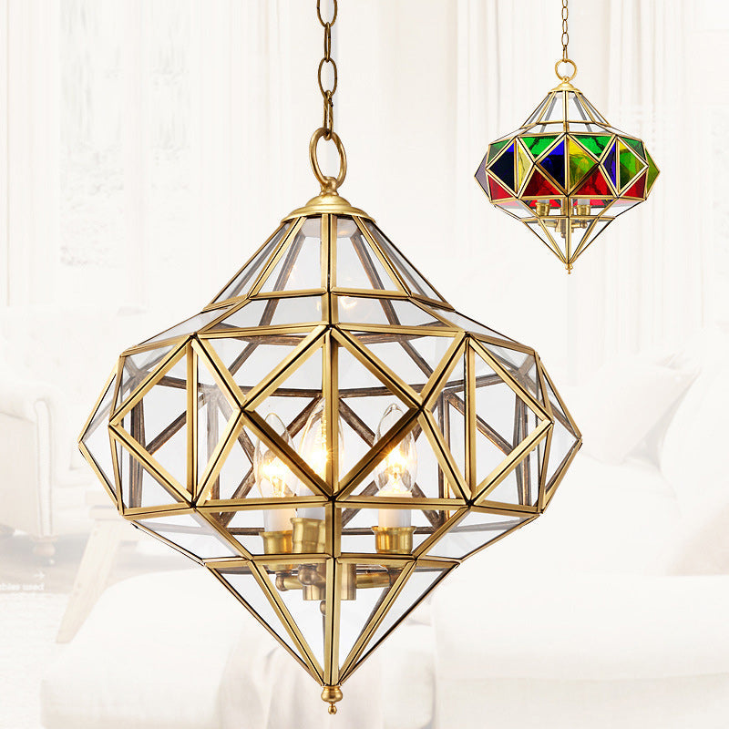 Traditional European Rhombus Diamond Cube Brass Glass Lampshade 3 - Light Pendant Light For Living Room