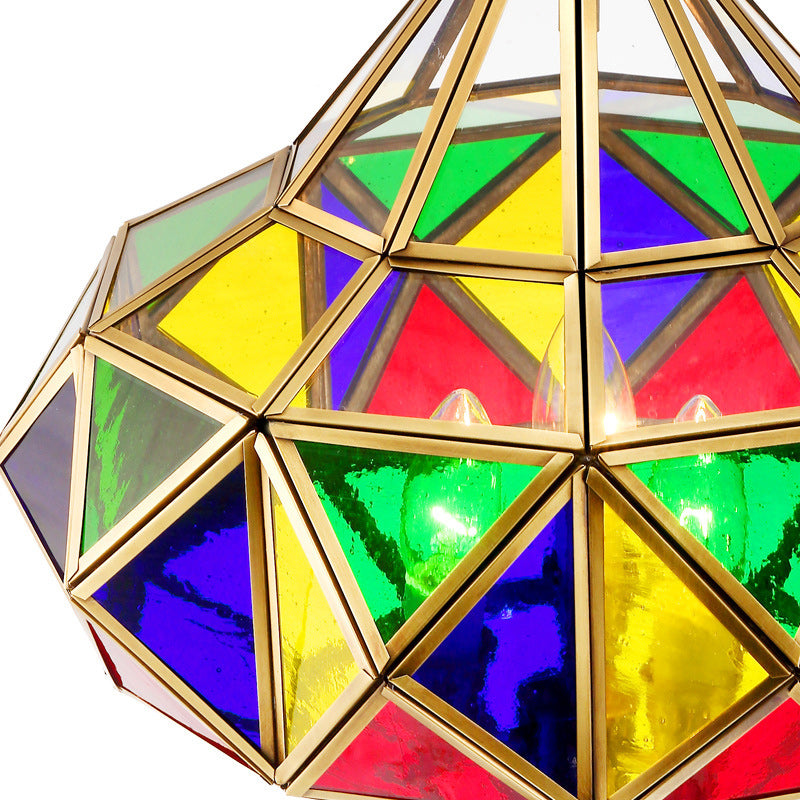 Traditional European Rhombus Diamond Cube Brass Glass Lampshade 3 - Light Pendant Light For Living Room