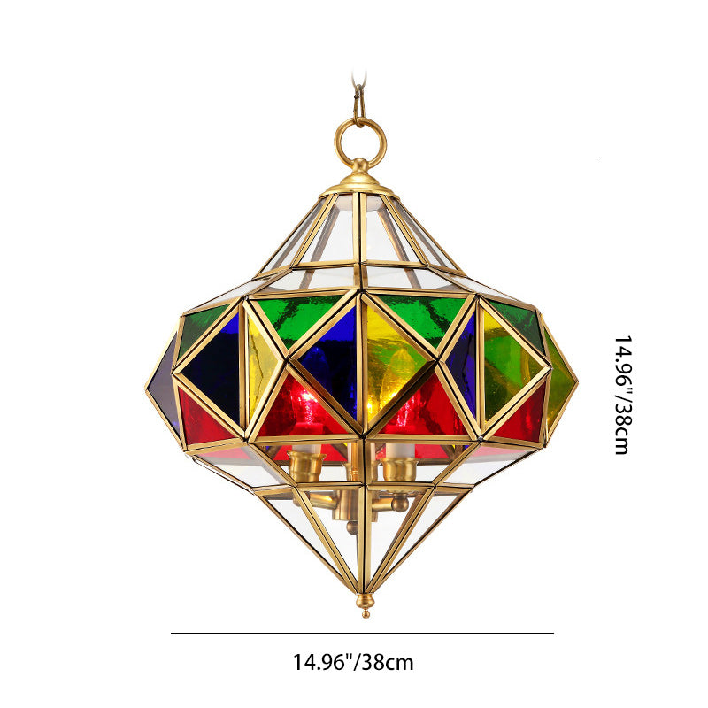 Traditional European Rhombus Diamond Cube Brass Glass Lampshade 3 - Light Pendant Light For Living Room