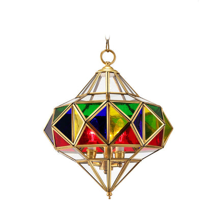 Traditional European Rhombus Diamond Cube Brass Glass Lampshade 3 - Light Pendant Light For Living Room