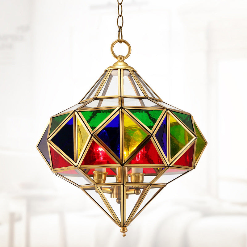 Traditional European Rhombus Diamond Cube Brass Glass Lampshade 3 - Light Pendant Light For Living Room