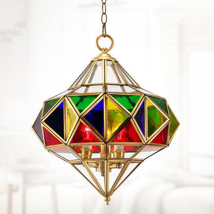 Traditional European Rhombus Diamond Cube Brass Glass Lampshade 3 - Light Pendant Light For Living Room
