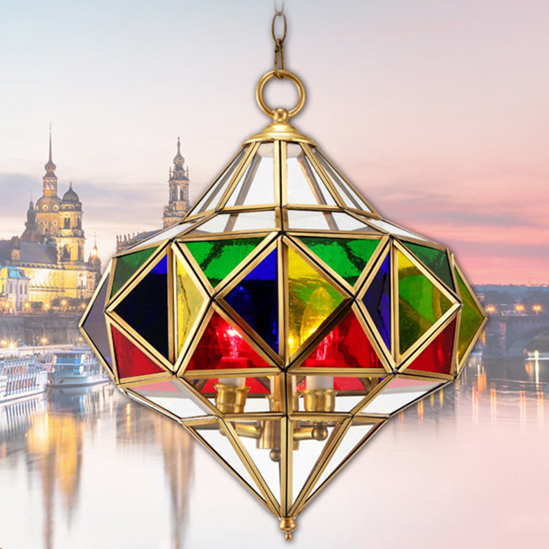 Traditional European Rhombus Diamond Cube Brass Glass Lampshade 3 - Light Pendant Light For Living Room