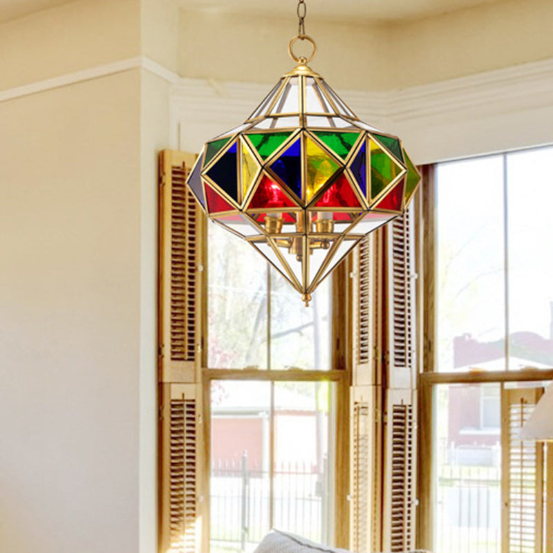 Traditional European Rhombus Diamond Cube Brass Glass Lampshade 3 - Light Pendant Light For Living Room