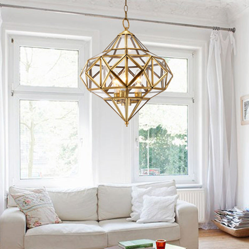 Traditional European Rhombus Diamond Cube Brass Glass Lampshade 3 - Light Pendant Light For Living Room
