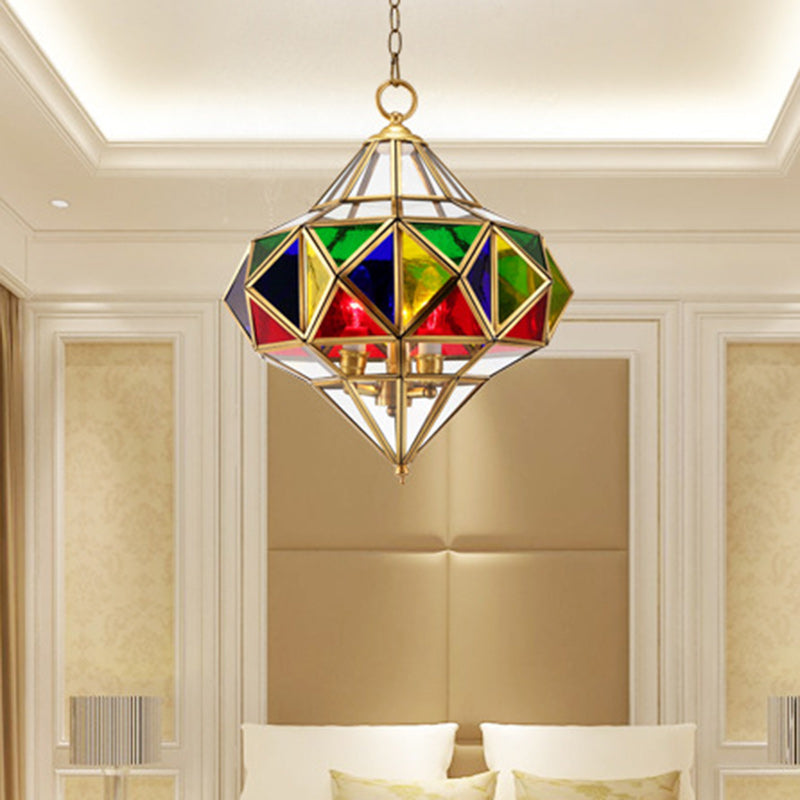 Traditional European Rhombus Diamond Cube Brass Glass Lampshade 3 - Light Pendant Light For Living Room