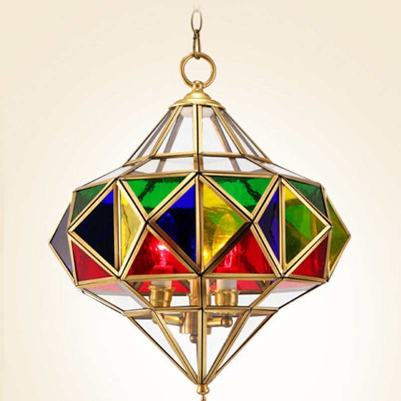 Traditional European Rhombus Diamond Cube Brass Glass Lampshade 3 - Light Pendant Light For Living Room