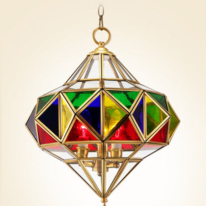Traditional European Rhombus Diamond Cube Brass Glass Lampshade 3 - Light Pendant Light For Living Room
