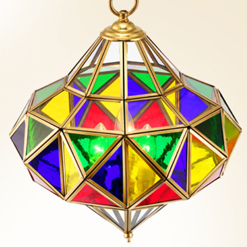 Traditional European Rhombus Diamond Cube Brass Glass Lampshade 3 - Light Pendant Light For Living Room