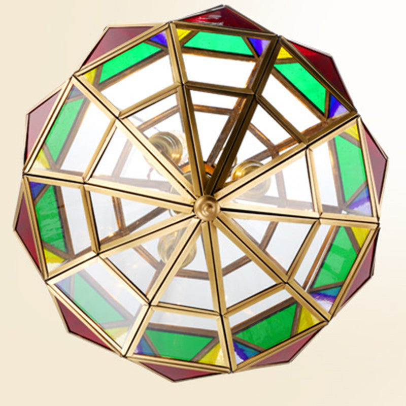 Traditional European Rhombus Diamond Cube Brass Glass Lampshade 3 - Light Pendant Light For Living Room
