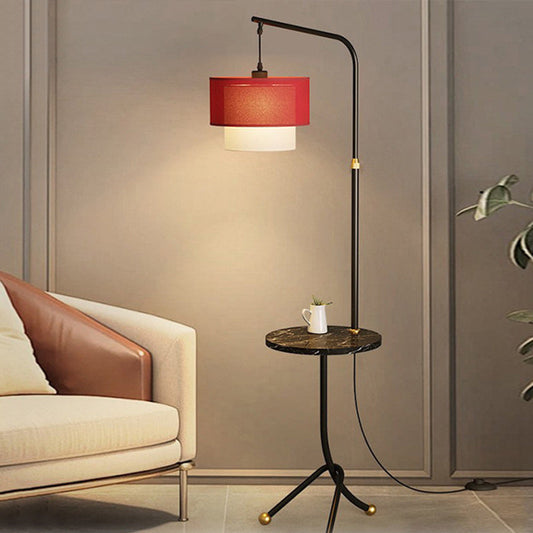 Contemporary Nordic Iron Base Marble Table Round Fabric Lampshade 1 - Light Standing Floor Lamp For Living Room