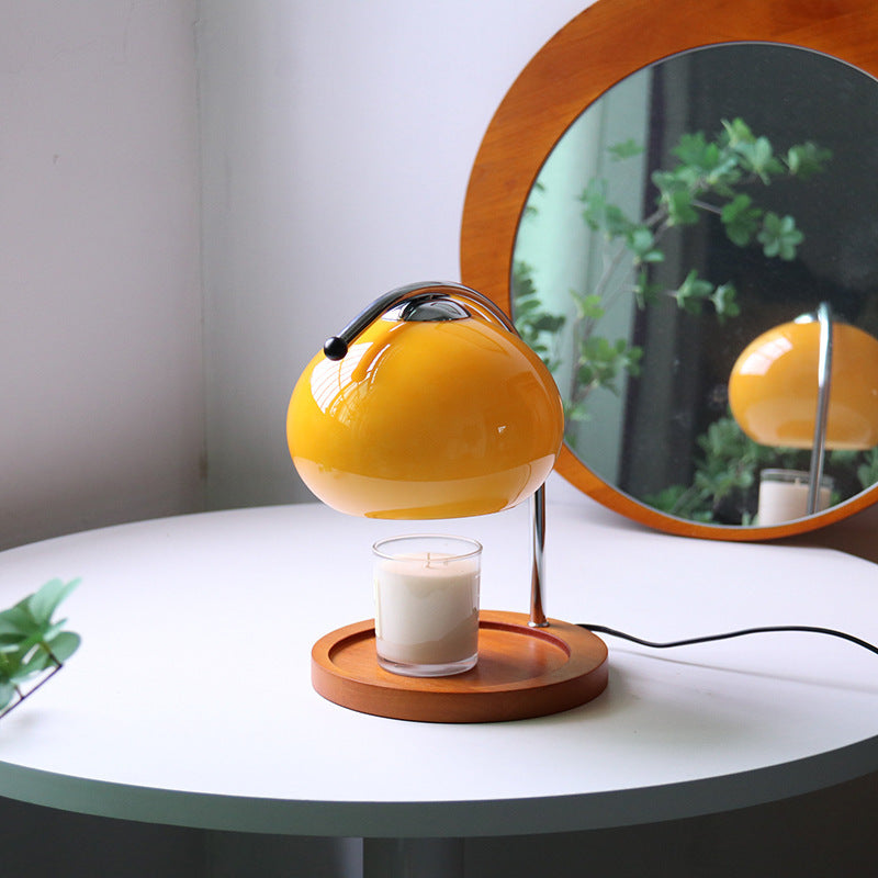 Contemporary Nordic Hemispherical Glass Lampshade Round Solid Wood Base Lampshade Iron 1 - Light Melting Wax Table Lamp For Bedroom