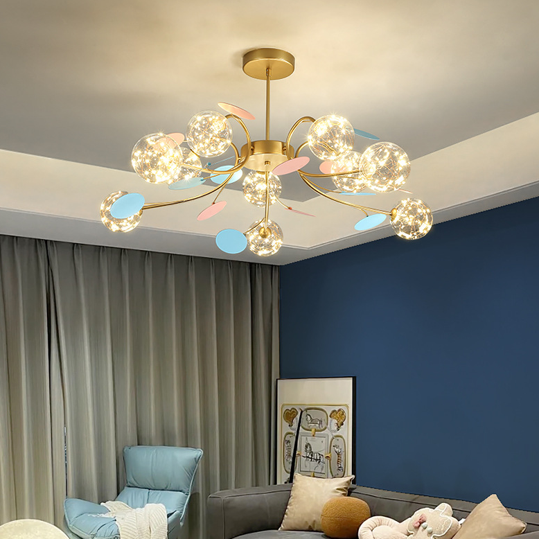 Contemporary Nordic Dome Baby's Breath Orbs Branch Curved Rod Iron Glass LED Chandeliers For Living Room