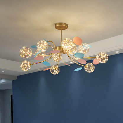 Contemporary Nordic Dome Baby's Breath Orbs Branch Curved Rod Iron Glass LED Chandeliers For Living Room