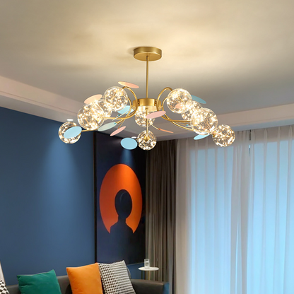 Contemporary Nordic Dome Baby's Breath Orbs Branch Curved Rod Iron Glass LED Chandeliers For Living Room