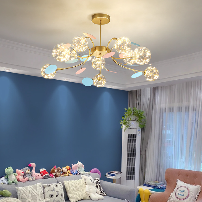 Contemporary Nordic Dome Baby's Breath Orbs Branch Curved Rod Iron Glass LED Chandeliers For Living Room
