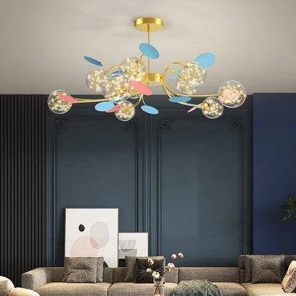 Contemporary Nordic Dome Baby's Breath Orbs Branch Curved Rod Iron Glass LED Chandeliers For Living Room