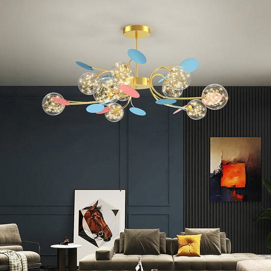 Contemporary Nordic Dome Baby's Breath Orbs Branch Curved Rod Iron Glass LED Chandeliers For Living Room