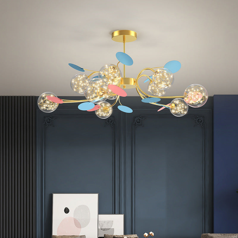 Contemporary Nordic Dome Baby's Breath Orbs Branch Curved Rod Iron Glass LED Chandeliers For Living Room