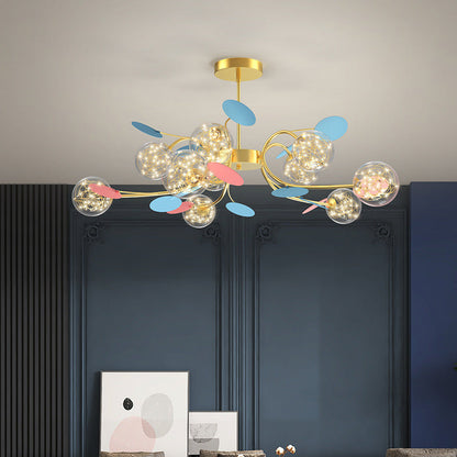 Contemporary Nordic Dome Baby's Breath Orbs Branch Curved Rod Iron Glass LED Chandeliers For Living Room