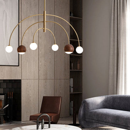 Contemporary Scandinavian Dome Semicircular Arc Orbs Walnut Ash Copper 6 - Light Chandelier For Dining Room