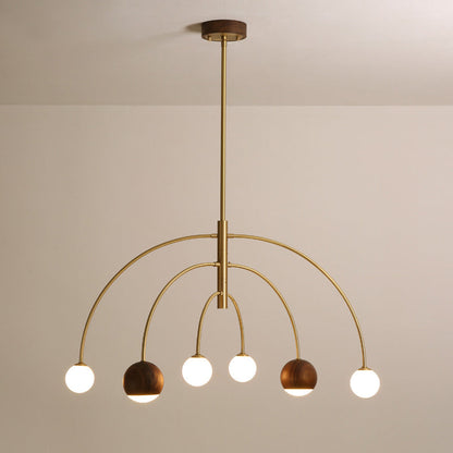 Contemporary Scandinavian Dome Semicircular Arc Orbs Walnut Ash Copper 6 - Light Chandelier For Dining Room