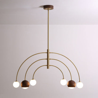 Contemporary Scandinavian Dome Semicircular Arc Orbs Walnut Ash Copper 6 - Light Chandelier For Dining Room