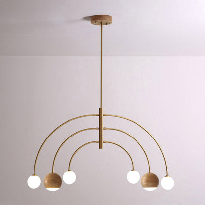 Contemporary Scandinavian Dome Semicircular Arc Orbs Walnut Ash Copper 6 - Light Chandelier For Dining Room