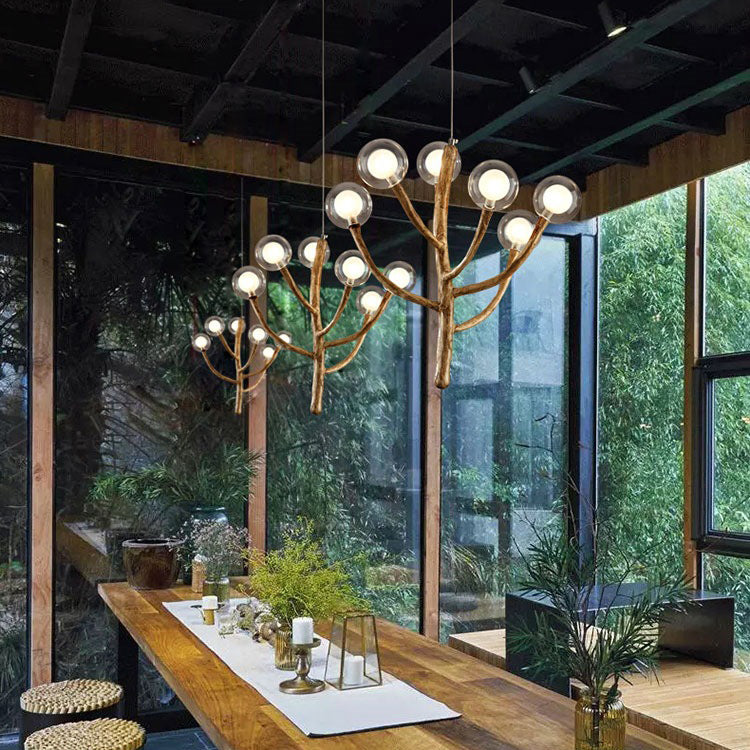 Traditional Japanese Dome Tree Branch Orbs Polymer Glass Hardware 3/6/9/12/15 - Light Chandelier For Dining Room