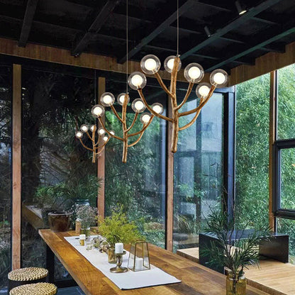 Traditional Japanese Dome Tree Branch Orbs Polymer Glass Hardware 3/6/9/12/15 - Light Chandelier For Dining Room