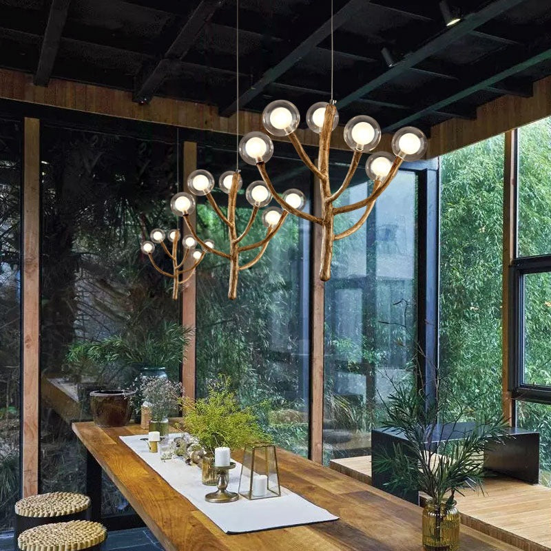 Traditional Japanese Dome Tree Branch Orbs Polymer Glass Hardware 3/6/9/12/15 - Light Chandelier For Dining Room