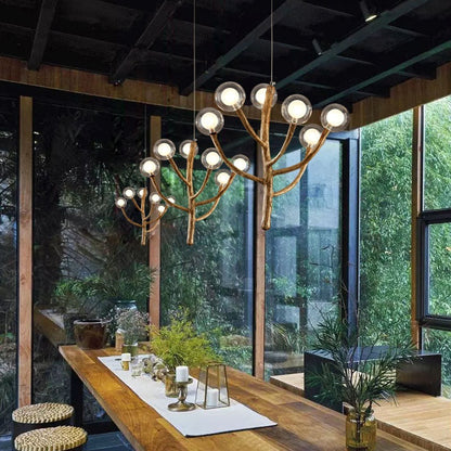 Traditional Japanese Dome Tree Branch Orbs Polymer Glass Hardware 3/6/9/12/15 - Light Chandelier For Dining Room