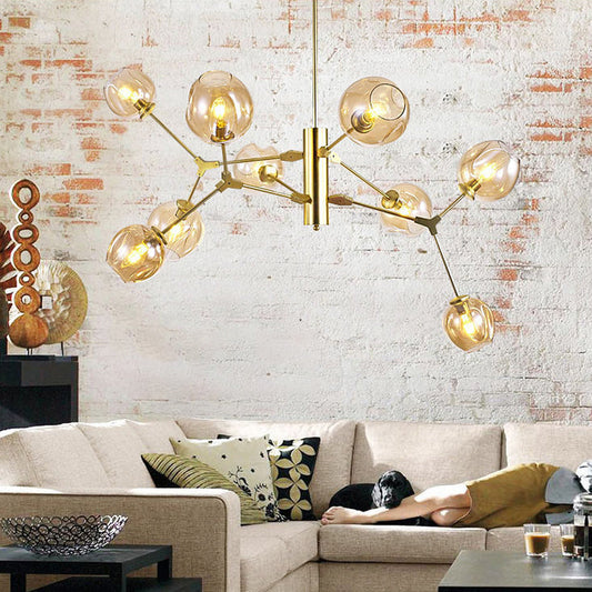Contemporary Scandinavian Dome Branches Orbs Aluminum Iron Glass 9 - Light Chandelier For Living Room