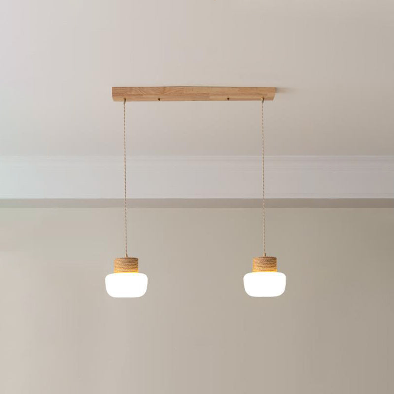 ثريات LED بتصميم ياباني تقليدي على شكل فطر زجاجي، مصنوعة من حبل القنب، بقاعدة مستديرة من خشب البلوط، مناسبة لغرفة الطعام 