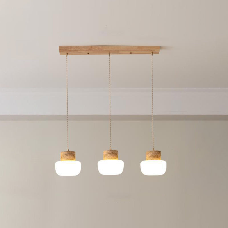 ثريات LED بتصميم ياباني تقليدي على شكل فطر زجاجي، مصنوعة من حبل القنب، بقاعدة مستديرة من خشب البلوط، مناسبة لغرفة الطعام 