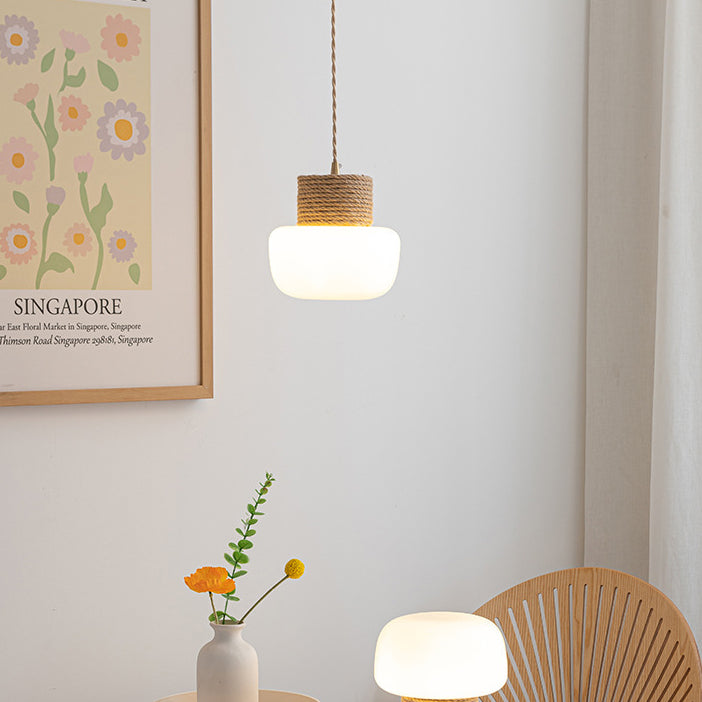 ثريات LED بتصميم ياباني تقليدي على شكل فطر زجاجي، مصنوعة من حبل القنب، بقاعدة مستديرة من خشب البلوط، مناسبة لغرفة الطعام 