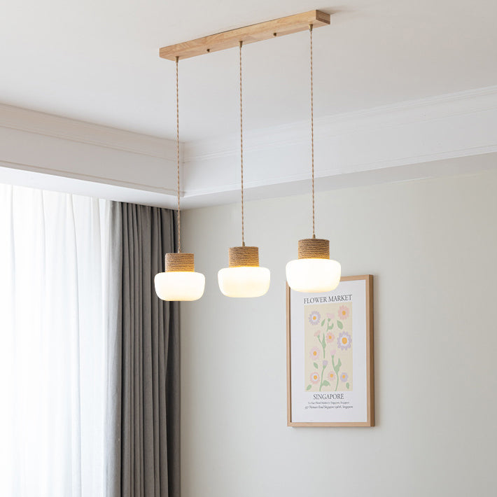 ثريات LED بتصميم ياباني تقليدي على شكل فطر زجاجي، مصنوعة من حبل القنب، بقاعدة مستديرة من خشب البلوط، مناسبة لغرفة الطعام 