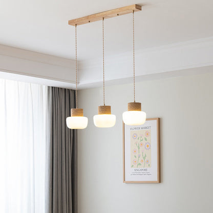 ثريات LED بتصميم ياباني تقليدي على شكل فطر زجاجي، مصنوعة من حبل القنب، بقاعدة مستديرة من خشب البلوط، مناسبة لغرفة الطعام 