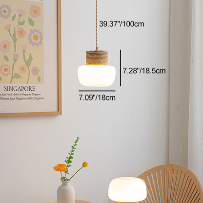 ثريات LED بتصميم ياباني تقليدي على شكل فطر زجاجي، مصنوعة من حبل القنب، بقاعدة مستديرة من خشب البلوط، مناسبة لغرفة الطعام 