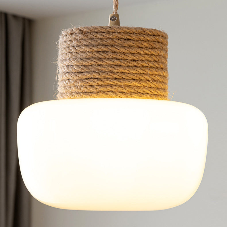 ثريات LED بتصميم ياباني تقليدي على شكل فطر زجاجي، مصنوعة من حبل القنب، بقاعدة مستديرة من خشب البلوط، مناسبة لغرفة الطعام 
