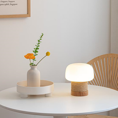 Traditional Japanese Mushroom Glass Lampshade Hemp Rope Weaving Round Oak Base LED Table Lamp For Living Room